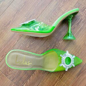 New LULUS Bright Green PVC Rhinestone Mules Shoes Heels 7
